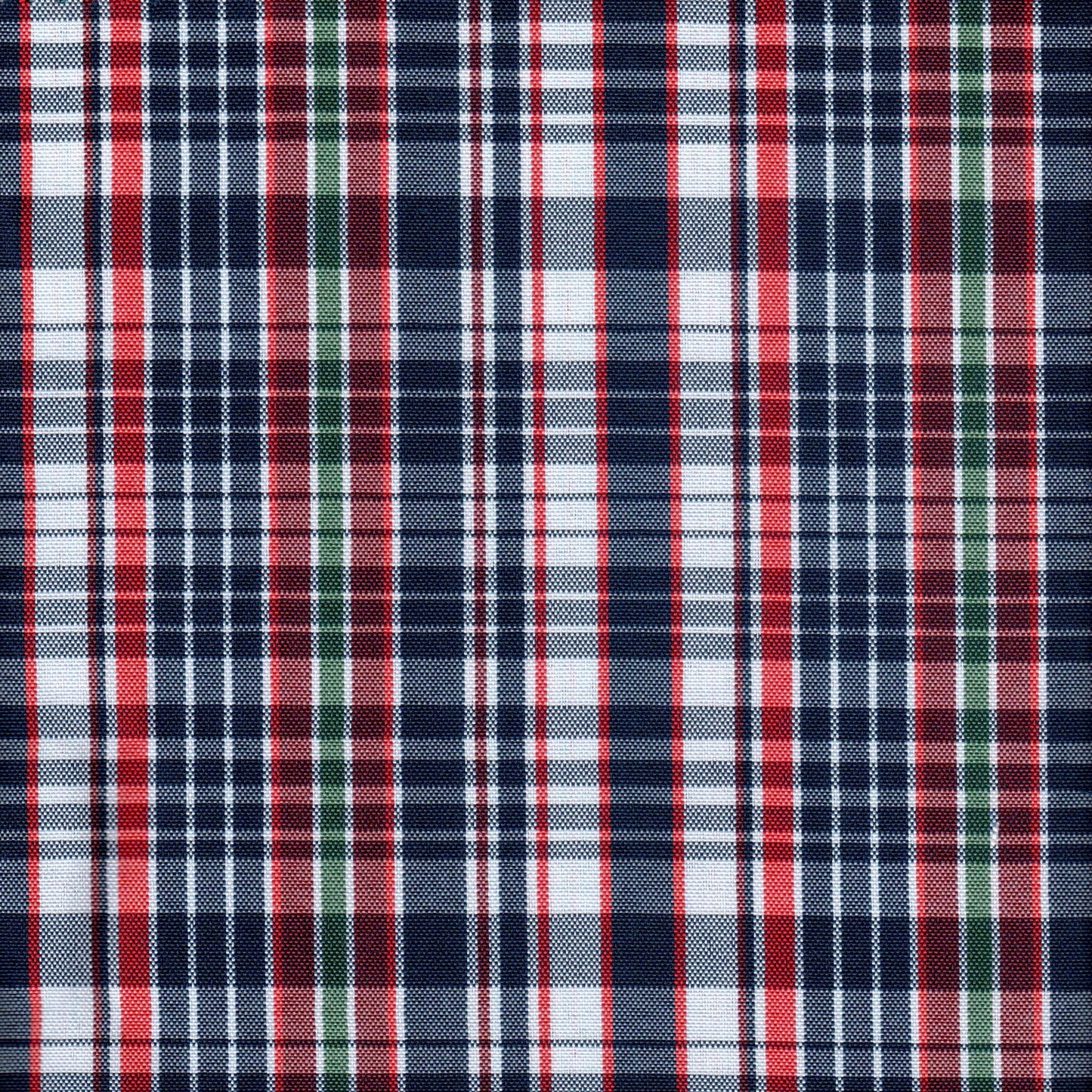 Tela escocesa de poliéster SchoolLine en rojo, azul marino, blanco y verde; ideal para uniformes escolares.