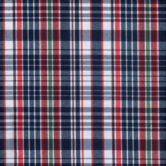 Tela escocesa de poliéster SchoolLine en rojo, azul marino, blanco y verde; ideal para uniformes escolares.