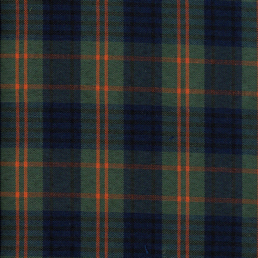 Tela escocesa de poliéster SchoolLine, tartán azul marino y verde con líneas anaranjadas, ideal para uniformes escolares.