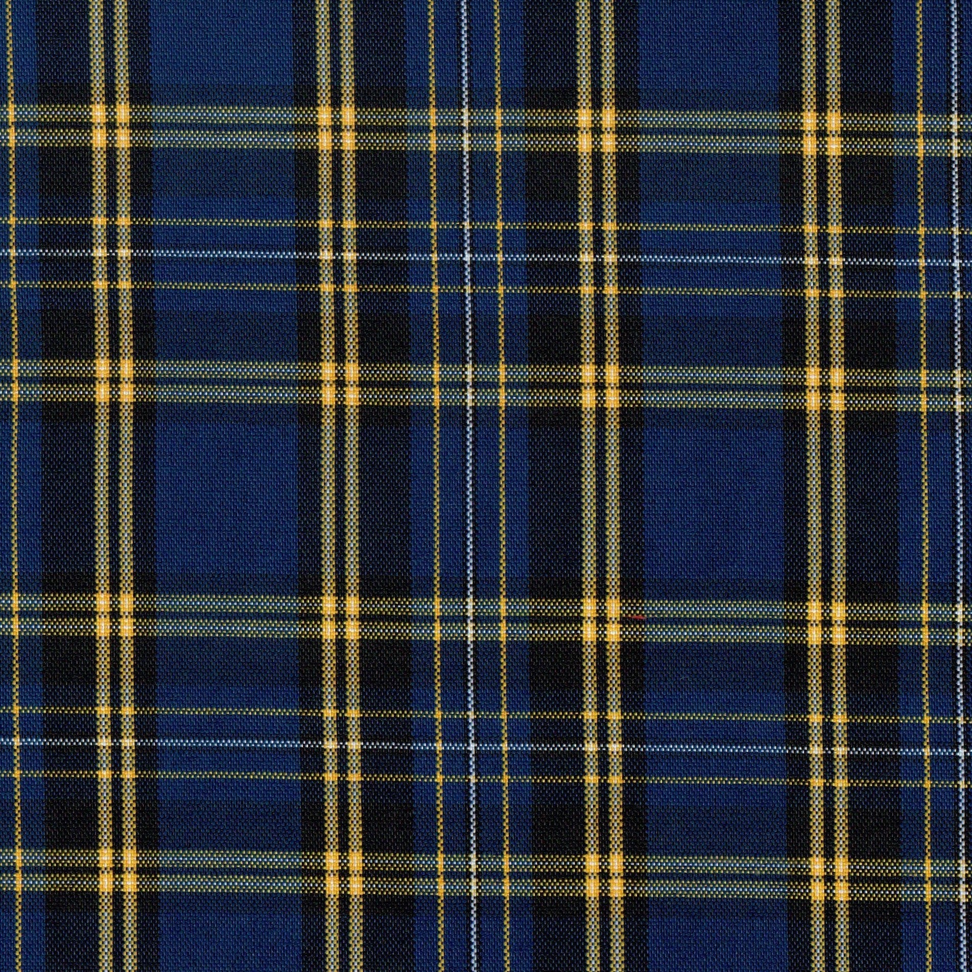Tela escocesa de poliéster SchoolLine en azul marino con líneas amarillas, ideal para uniformes escolares e institucionales.
