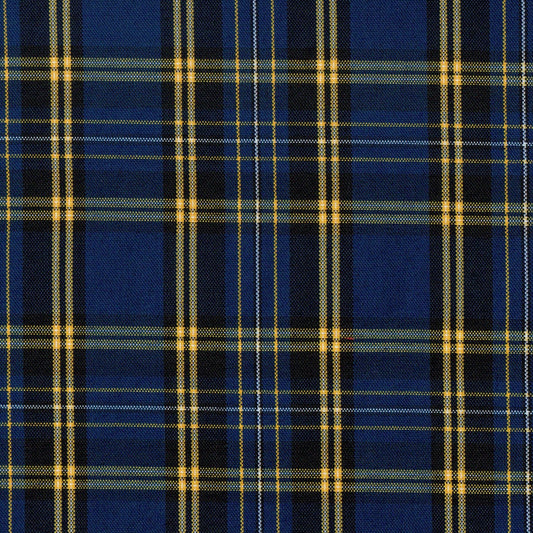 Tela escocesa de poliéster SchoolLine en azul marino con líneas amarillas, ideal para uniformes escolares e institucionales.