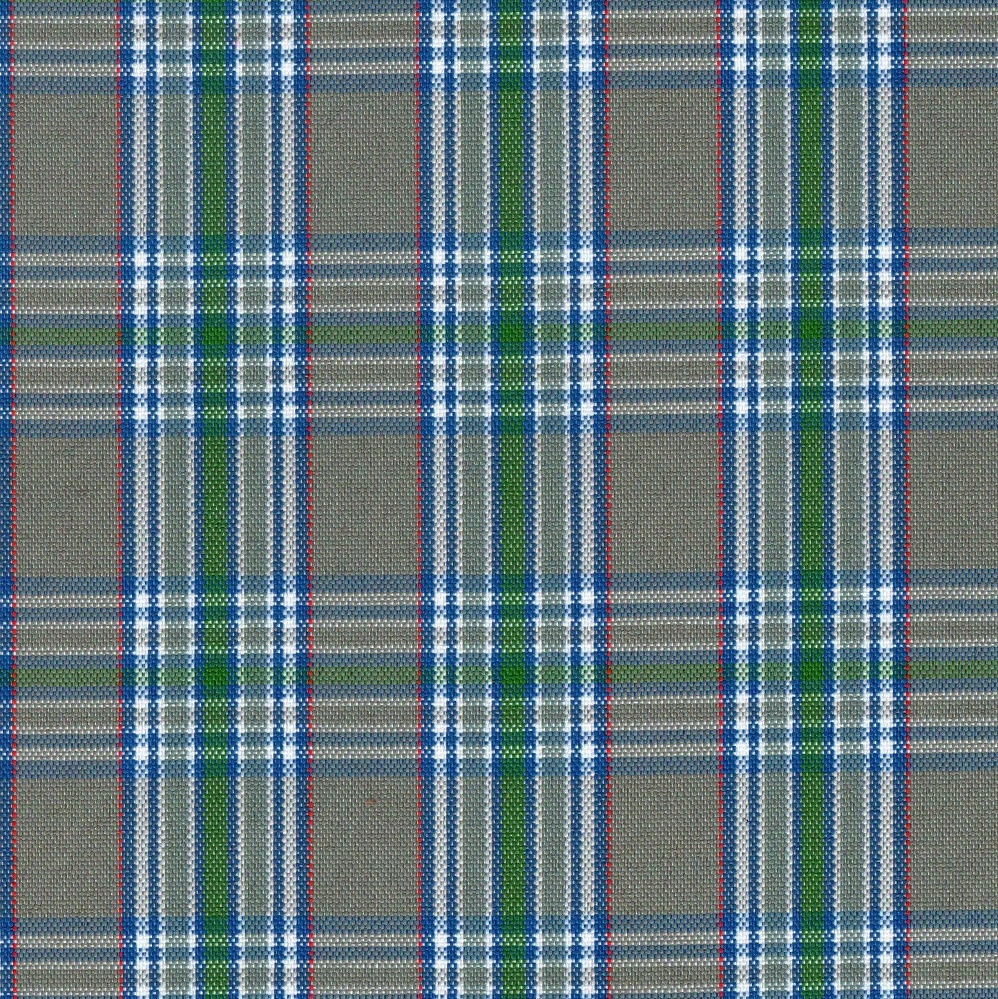 Tela escocesa de poliéster SchoolLine; cuadros beige con líneas azules, blancas y verdes, ideal para uniformes escolares e institucionales.