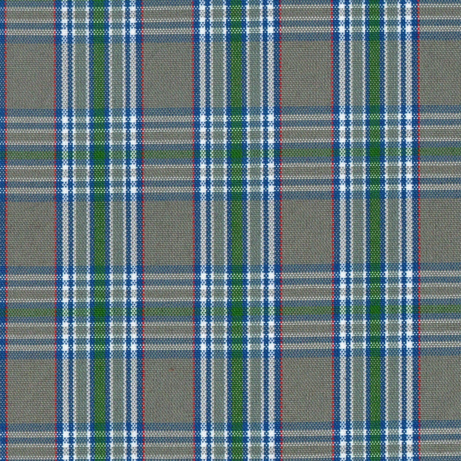 Tela escocesa de poliéster SchoolLine; cuadros beige con líneas azules, blancas y verdes, ideal para uniformes escolares e institucionales.