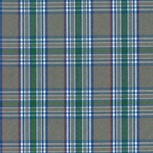 Tela escocesa de poliéster SchoolLine; cuadros beige con líneas azules, blancas y verdes, ideal para uniformes escolares e institucionales.