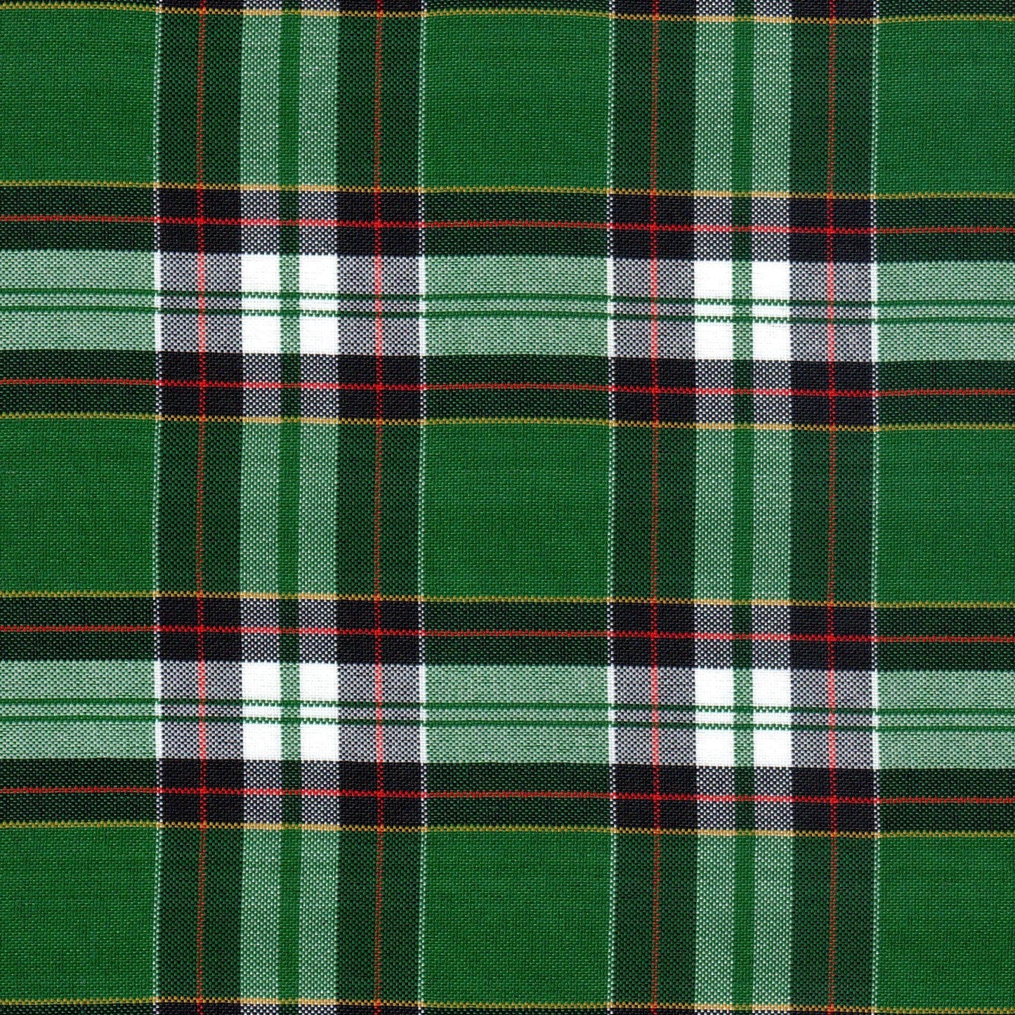 Tela escocesa de poliéster SchoolLine, verde con cuadros escoceses en negro, blanco y rojo; ideal para uniformes escolares e institucionales.