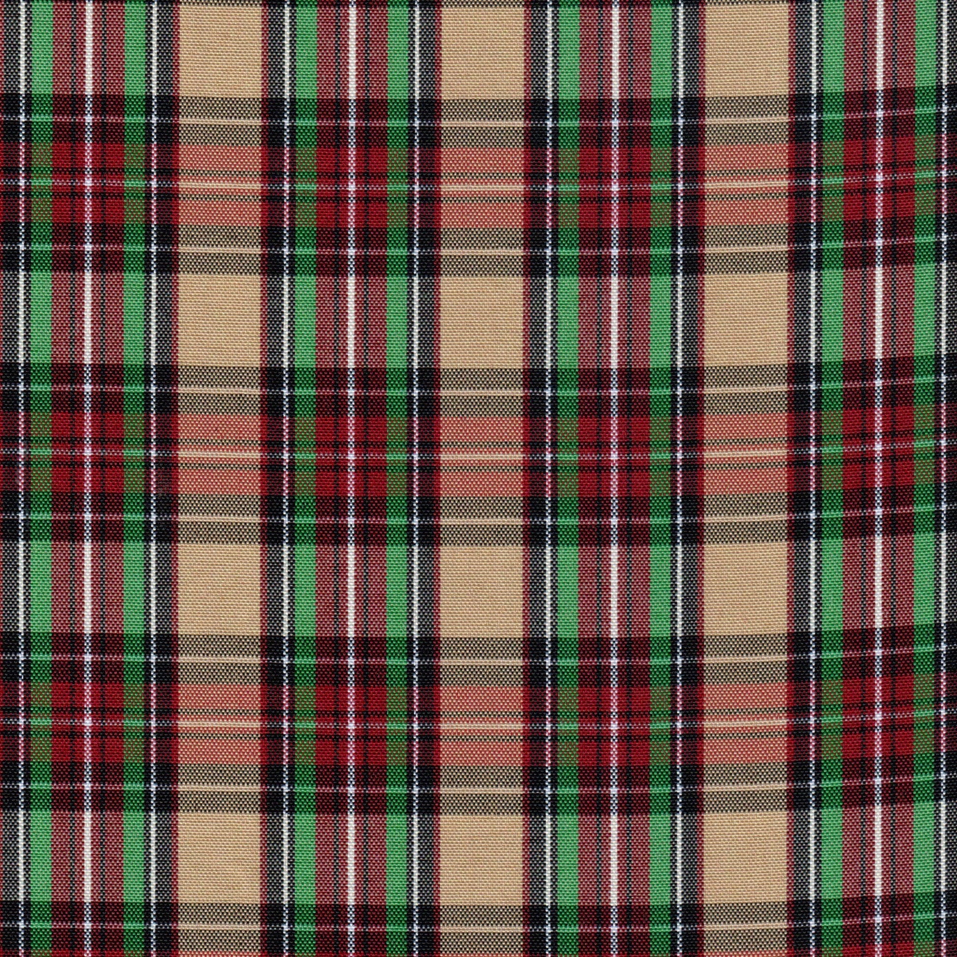 Tela escocesa de poliéster SchoolLine en tartán verde, rojo y beige; ideal para uniformes escolares e institucionales.