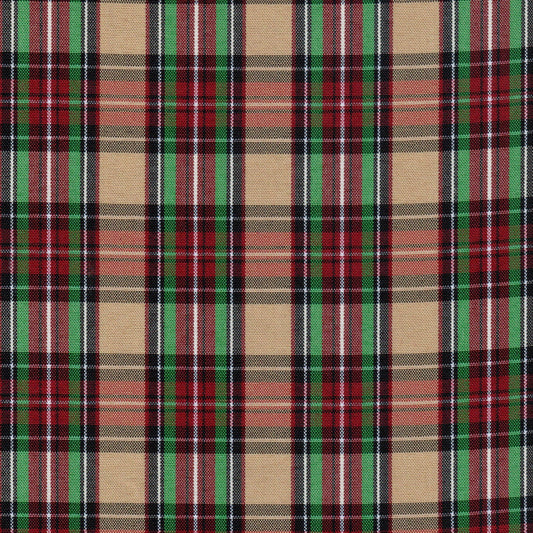 Tela escocesa de poliéster SchoolLine en tartán verde, rojo y beige; ideal para uniformes escolares e institucionales.