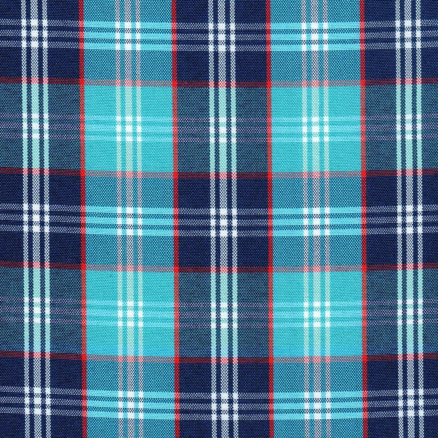 Tela escocesa de poliéster SchoolLine, tartán azul marino y turquesa con líneas blancas y rojas para uniformes escolares.