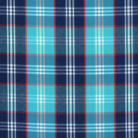 Tela escocesa de poliéster SchoolLine, tartán azul marino y turquesa con líneas blancas y rojas para uniformes escolares.