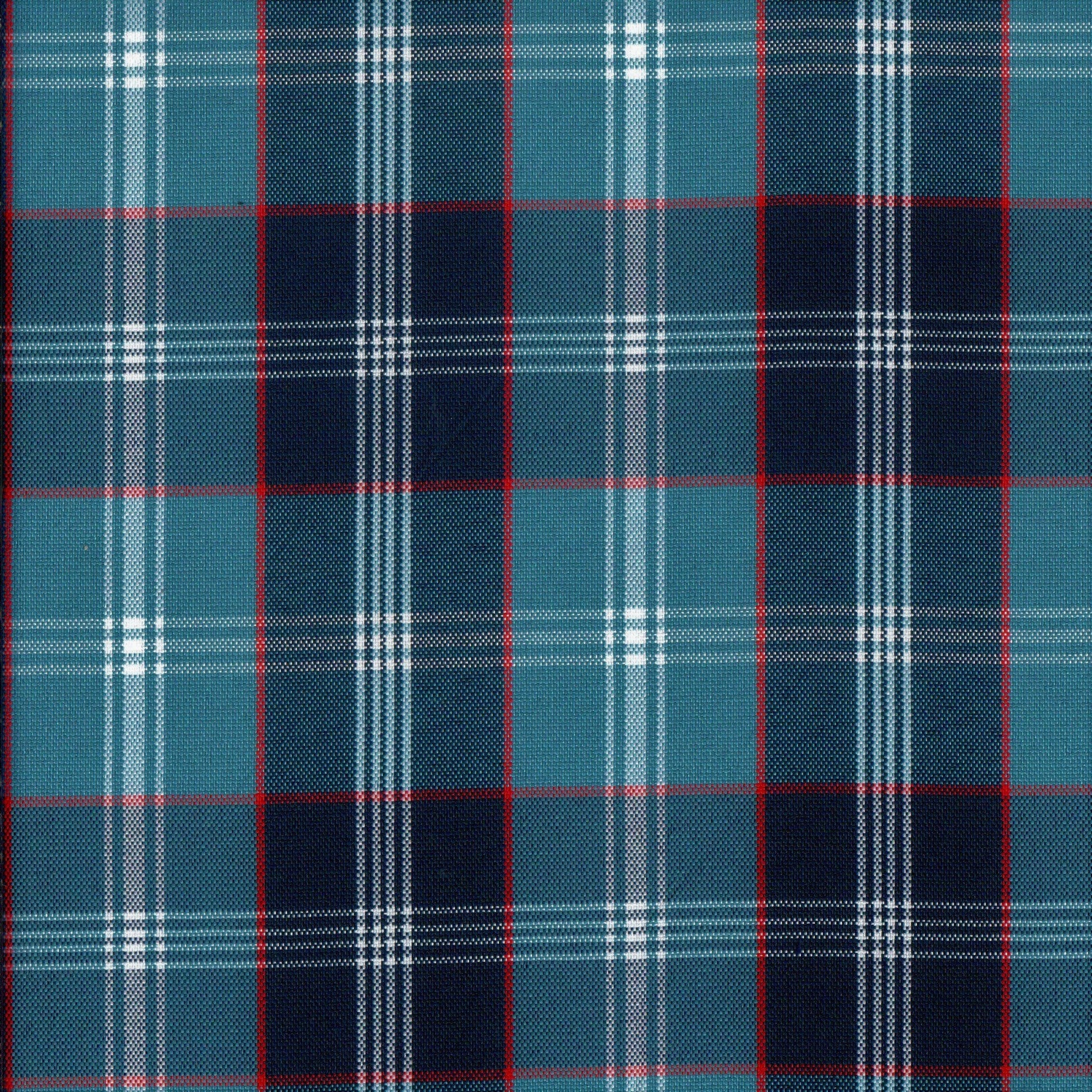 Tela escocesa de poliéster SchoolLine en tonos turquesa, azul marino y blanco, ideal para uniformes escolares e institucionales.