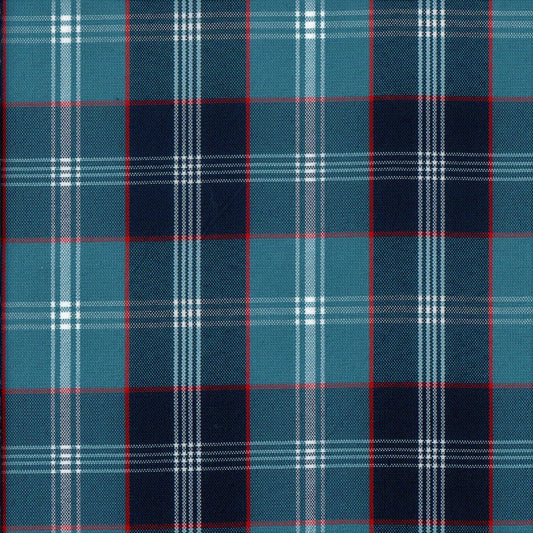 Tela escocesa de poliéster SchoolLine en tonos turquesa, azul marino y blanco, ideal para uniformes escolares e institucionales.