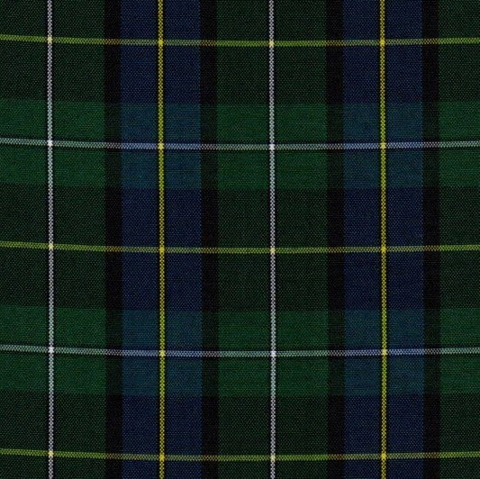 Tela escocesa de poliéster SchoolLine, tartán verde y azul con líneas amarillas, para uniformes escolares.