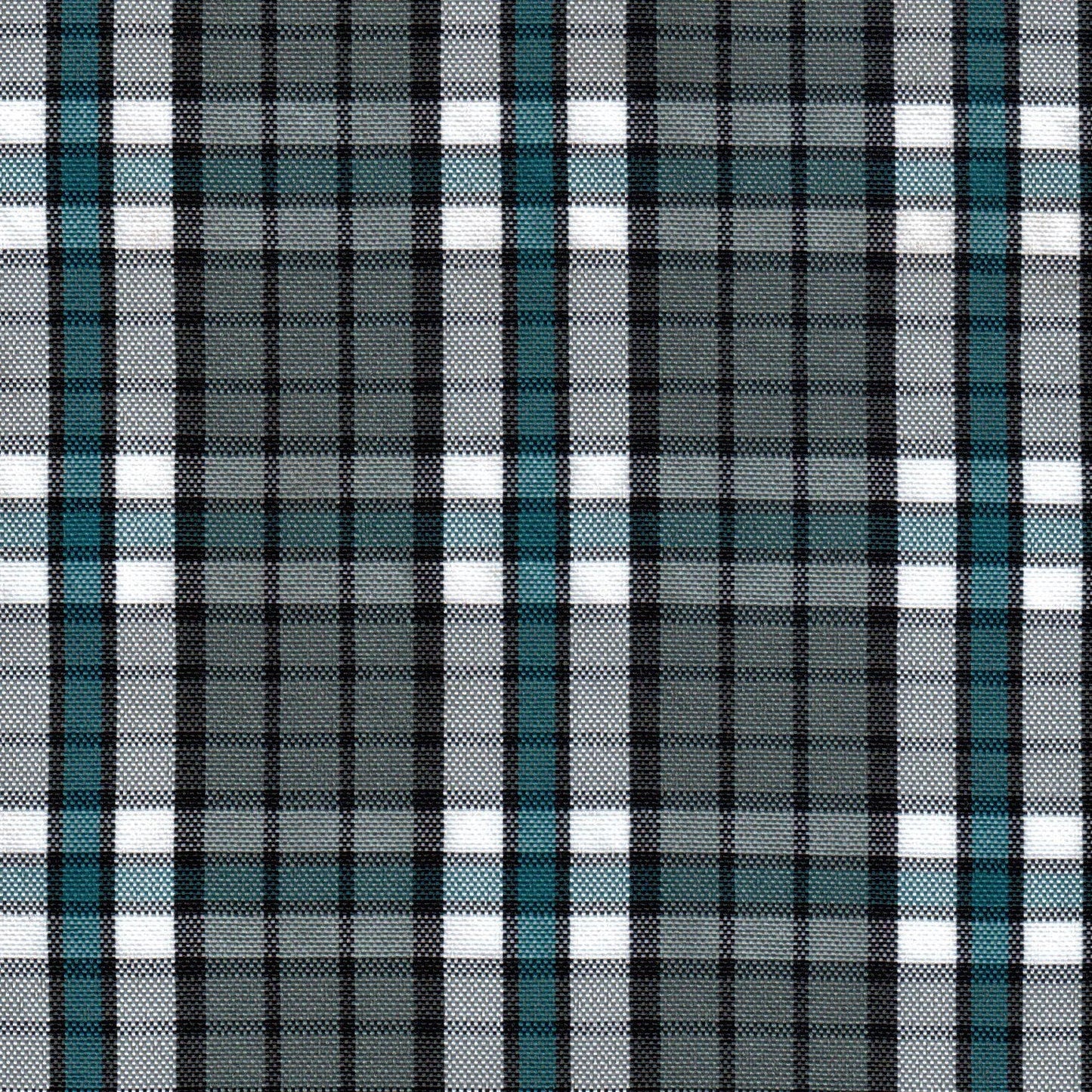 Tela escocesa de poliéster SchoolLine en gris/negro con franjas turquesa, ideal para uniformes escolares.