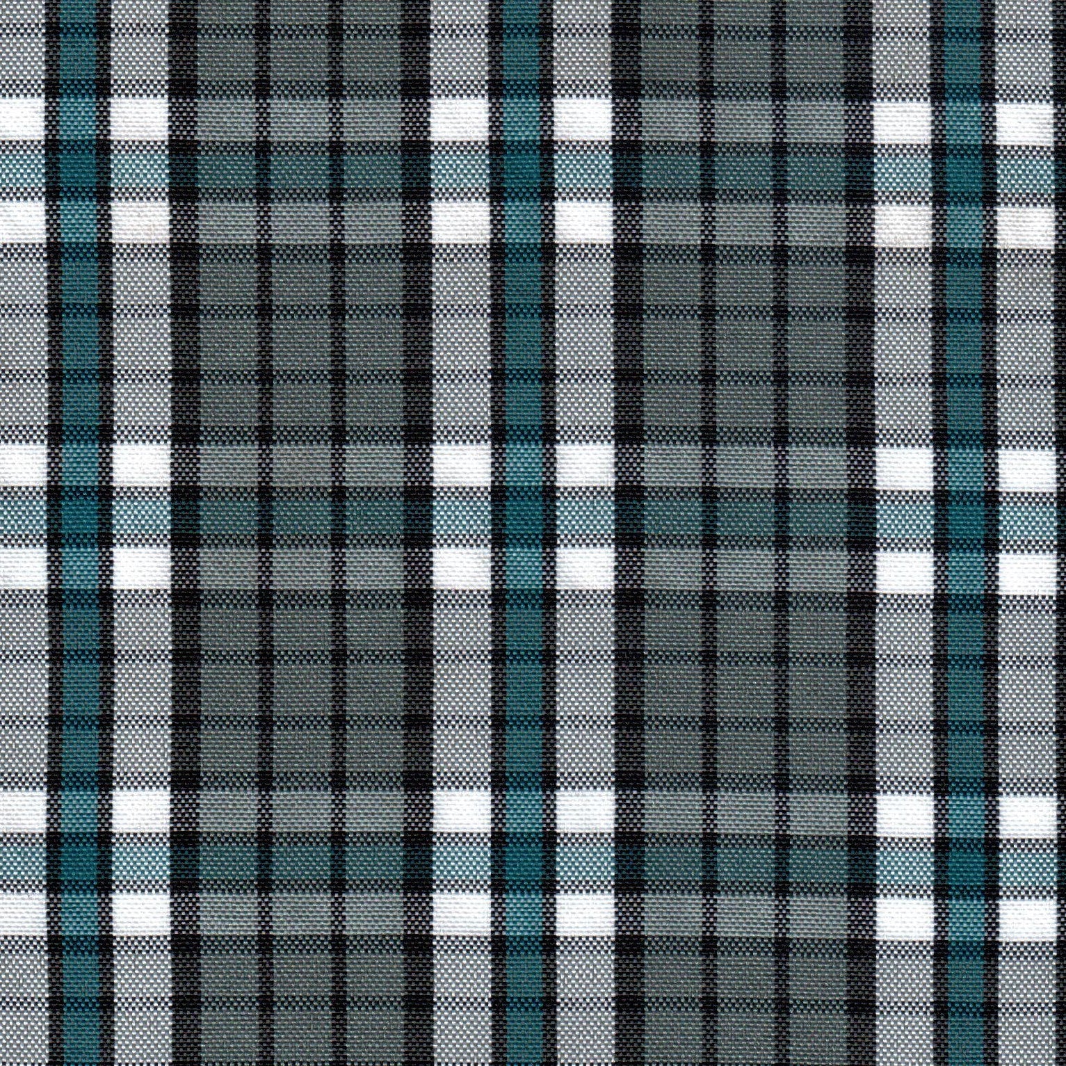 Tela escocesa de poliéster SchoolLine en gris/negro con franjas turquesa, ideal para uniformes escolares.