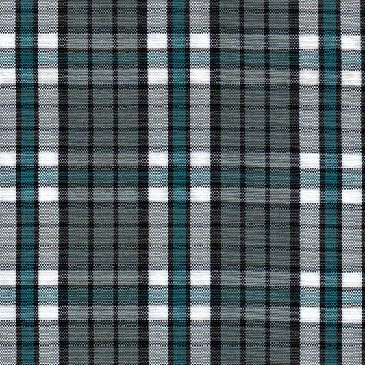 Tela escocesa de poliéster SchoolLine en gris/negro con franjas turquesa, ideal para uniformes escolares.