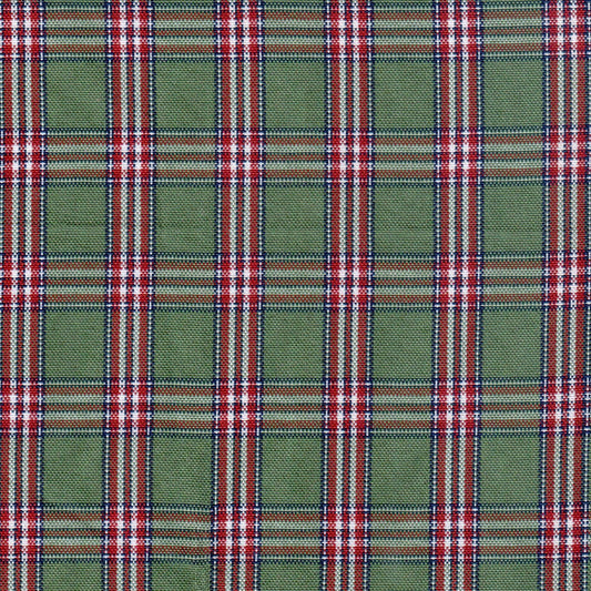 Tela escocesa de poliéster SchoolLine verde con cuadros rojo/blanco, ideal para uniformes escolares e institucionales.