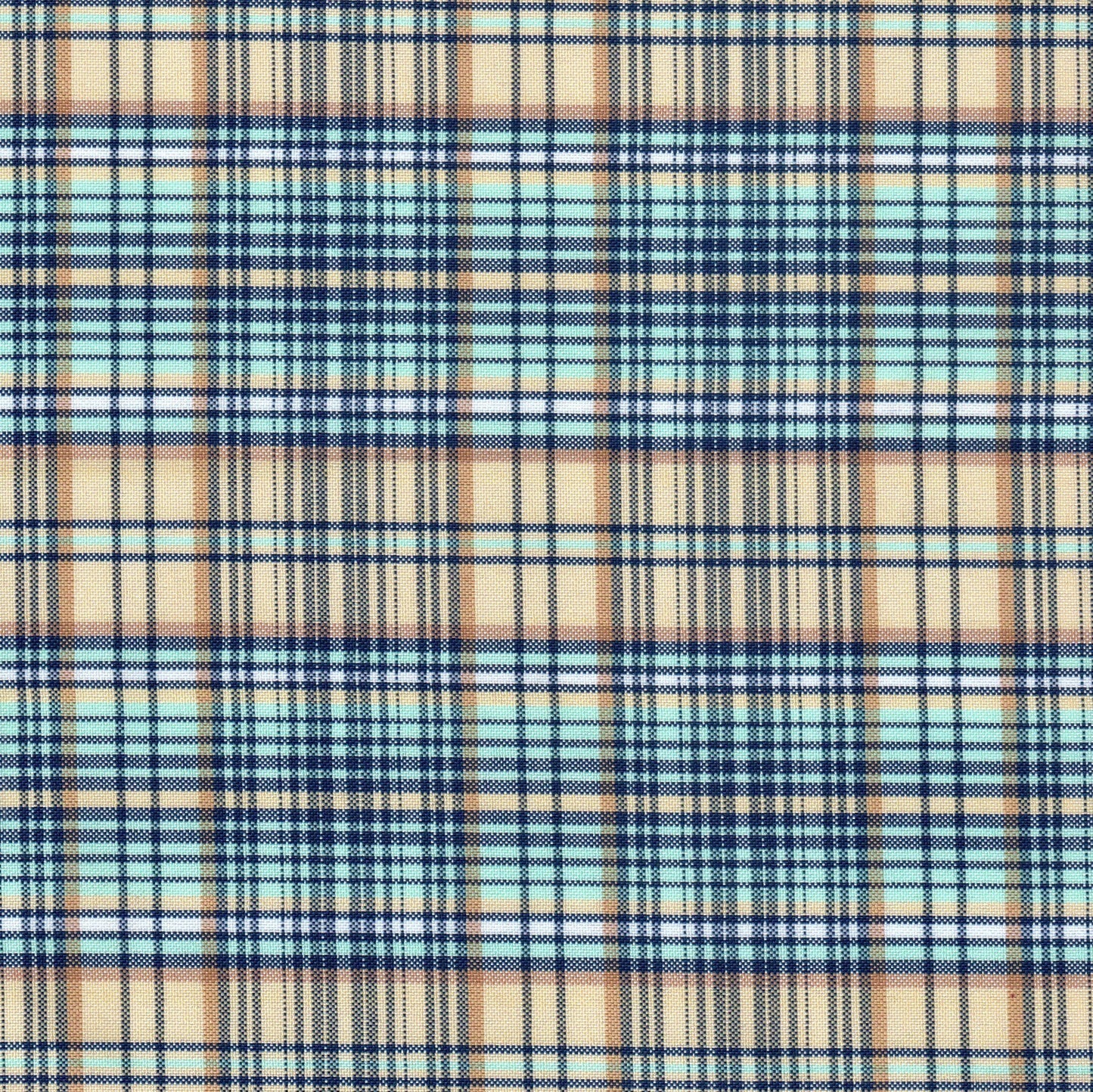 Tela escocesa de poliéster SchoolLine, tartán beige, azul claro y azul; ideal para uniformes escolares e institucionales.