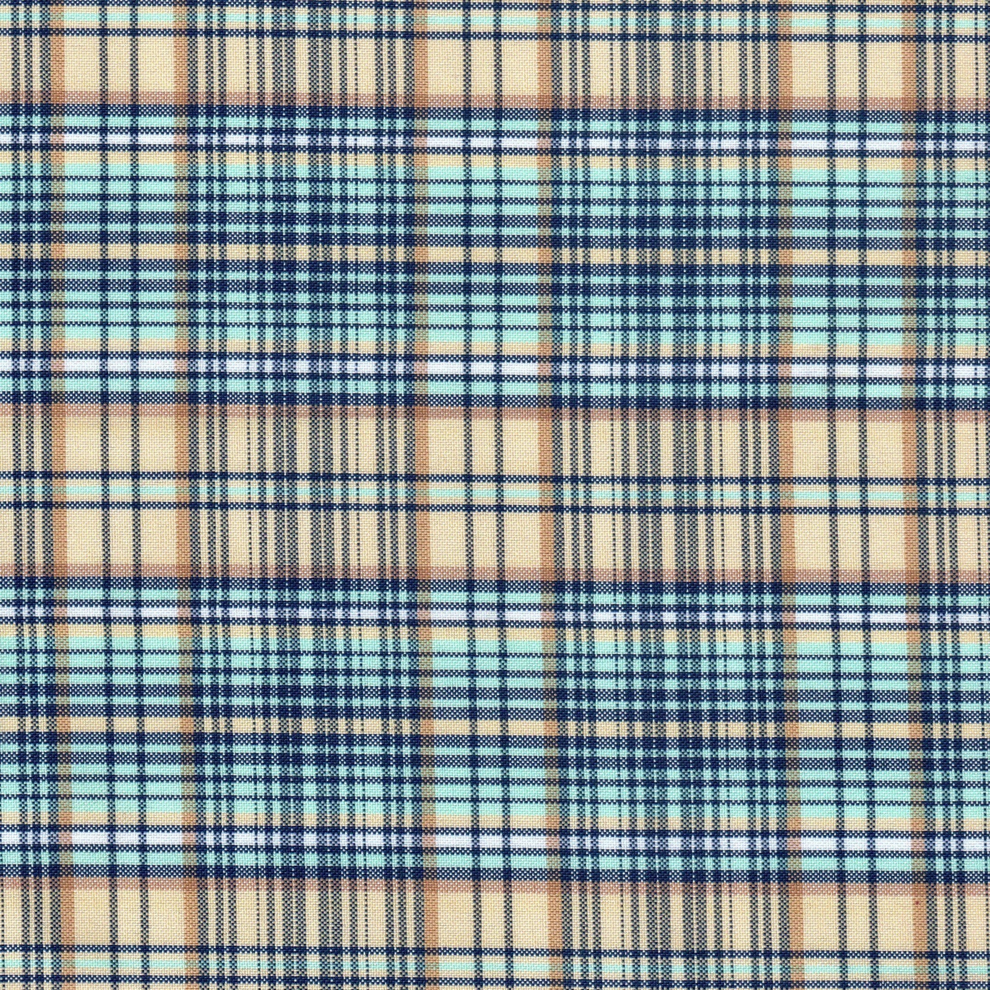 Tela escocesa de poliéster SchoolLine, tartán beige, azul claro y azul; ideal para uniformes escolares e institucionales.