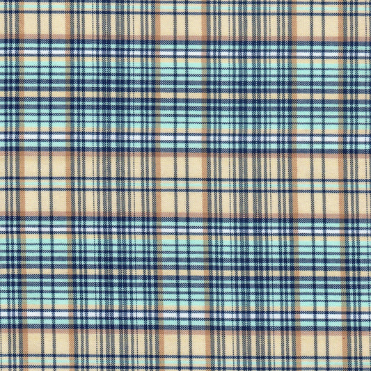 Tela escocesa de poliéster SchoolLine, tartán beige, azul claro y azul; ideal para uniformes escolares e institucionales.