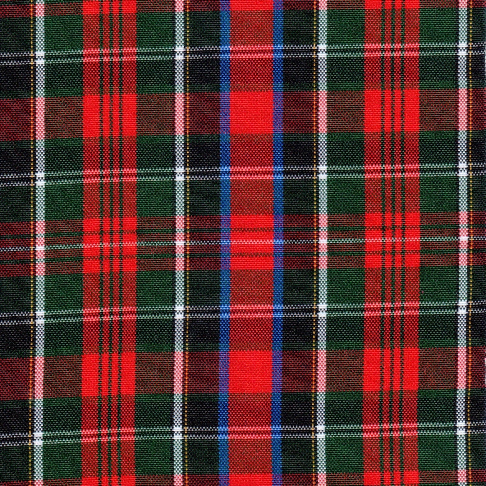 Tela escocesa de poliéster roja y verde con cuadros y franja azul; ideal para uniformes escolares SchoolLine.