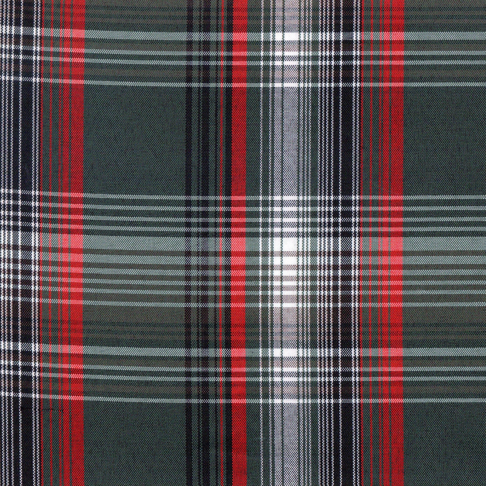 Tela escocesa de poliéster en tartán verde, rojo y negro, ideal para uniformes escolares e institucionales SchoolLine.