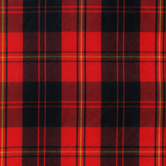 Tela escocesa de poliéster SchoolLine, rojo y negro con cuadros y líneas amarillas; ideal para uniformes escolares e institucionales.
