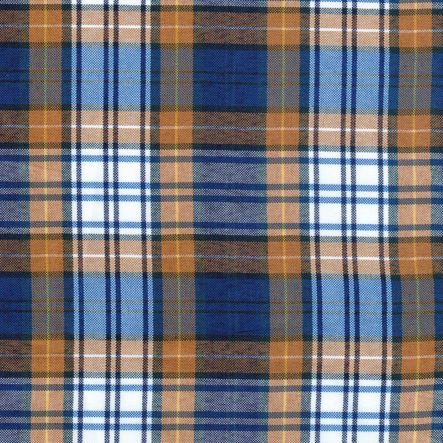 Tela escocesa de poliéster azul y naranja con blanco, diseño tartán, ideal para uniformes escolares e institucionales, SchoolLine.