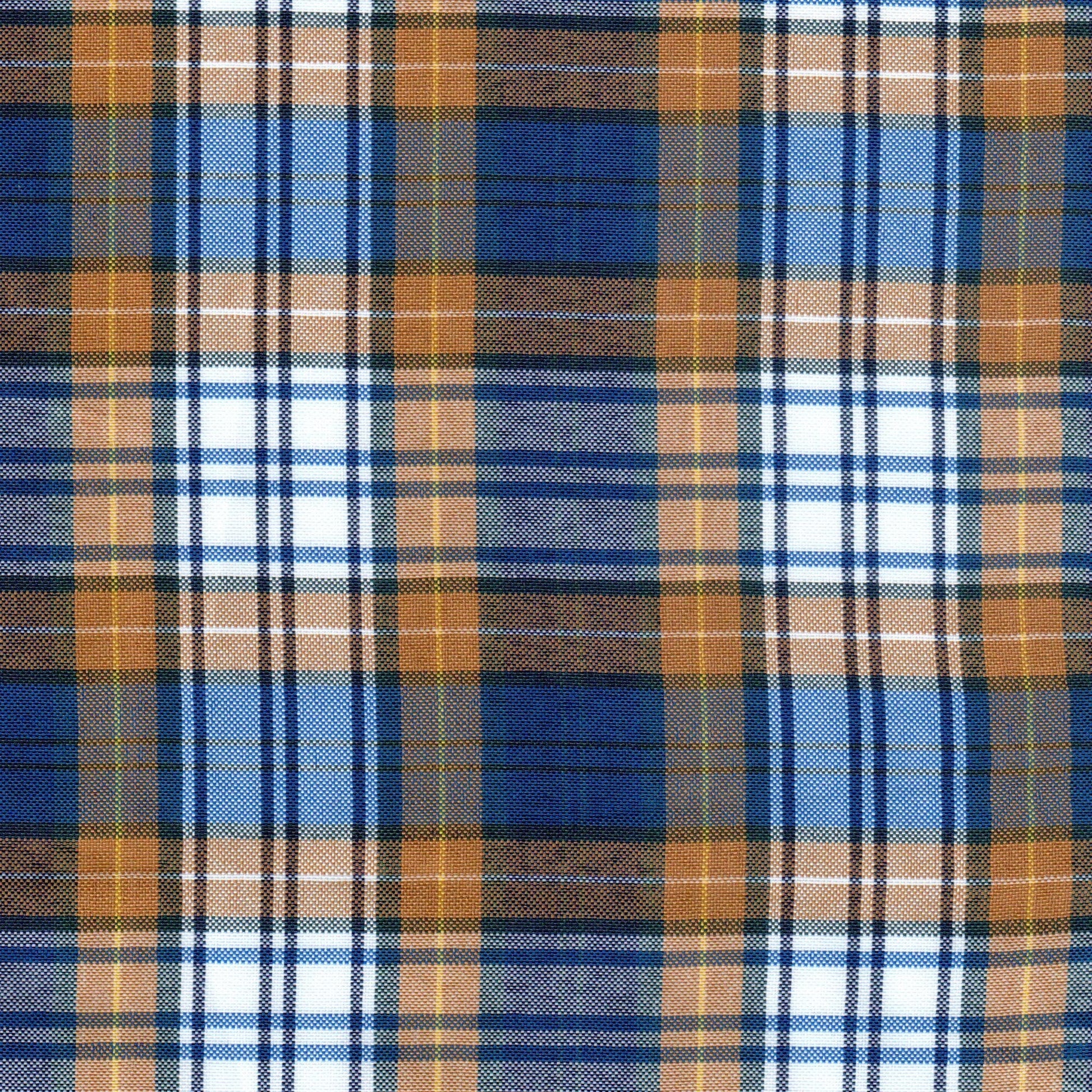 Tela escocesa de poliéster azul y naranja con blanco, diseño tartán, ideal para uniformes escolares e institucionales, SchoolLine.