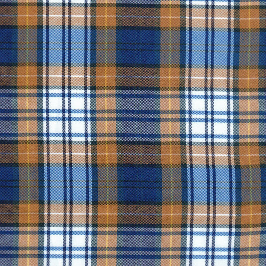 Tela escocesa de poliéster azul y naranja con blanco, diseño tartán, ideal para uniformes escolares e institucionales, SchoolLine.