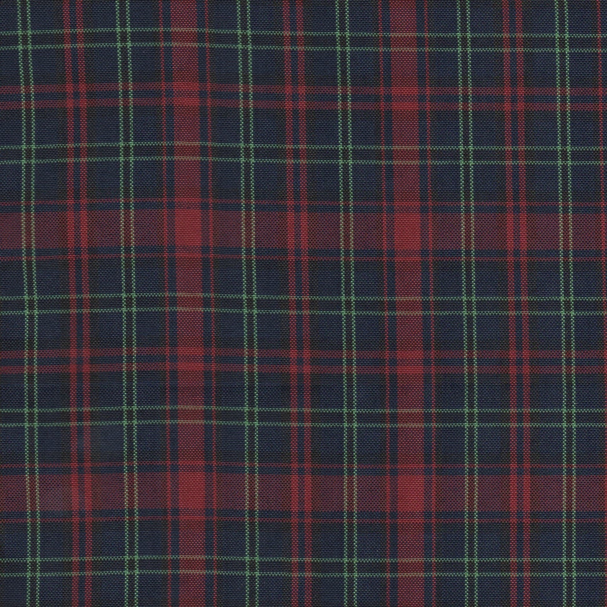 Tela escocesa de poliéster SchoolLine en azul marino con cuadros rojos y líneas verdes, perfecta para uniformes escolares e institucionales.