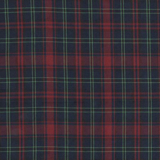 Tela escocesa de poliéster SchoolLine en azul marino con cuadros rojos y líneas verdes, perfecta para uniformes escolares e institucionales.