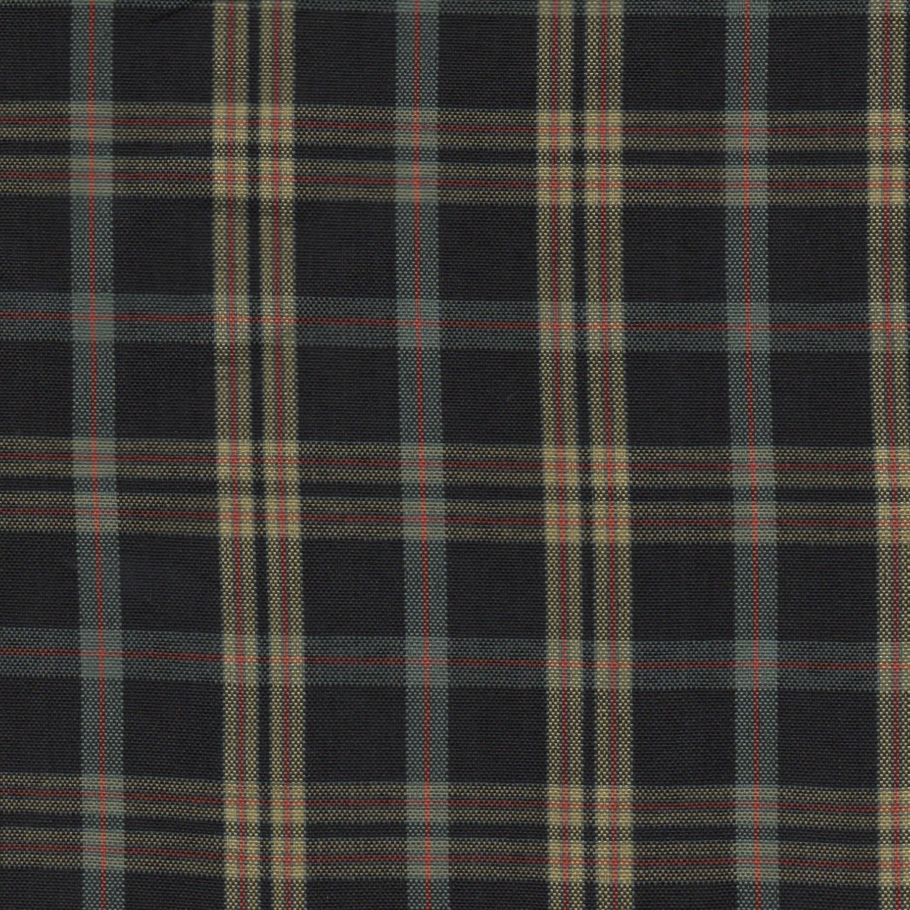 Tela escocesa de poliéster SchoolLine, tartán negro/beige con líneas rojas, ideal para uniformes escolares.