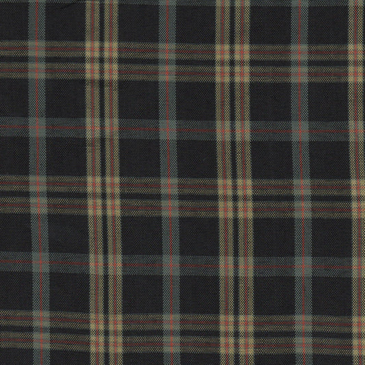 Tela escocesa de poliéster SchoolLine, tartán negro/beige con líneas rojas, ideal para uniformes escolares.