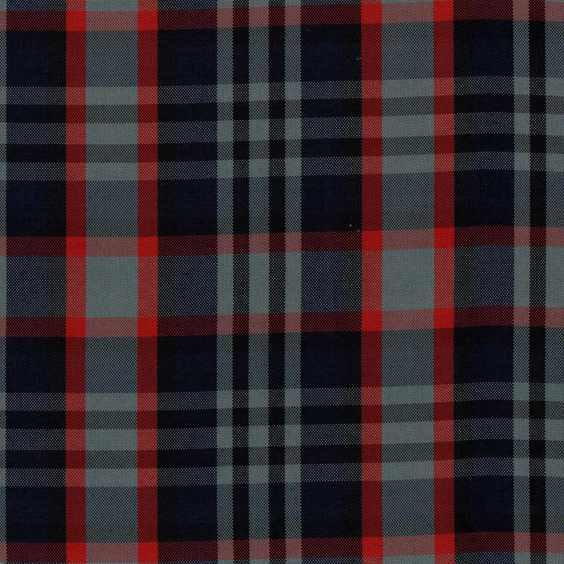 Tela escocesa de poliéster SchoolLine, tartán rojo, azul marino y gris, ideal para uniformes escolares e institucionales.