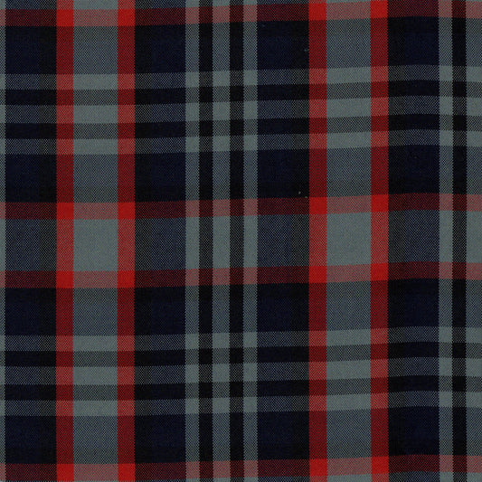 Tela escocesa de poliéster SchoolLine, tartán rojo, azul marino y gris, ideal para uniformes escolares e institucionales.