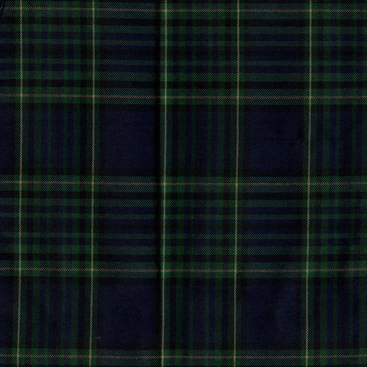Tela escocesa de poliéster SchoolLine, tartán verde y azul marino, ideal para uniformes escolares e institucionales.