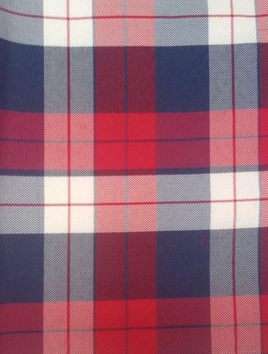 Tela escocesa de poliéster en tartán rojo, azul marino y blanco; ideal para uniformes escolares e institucionales, SchoolLine.
