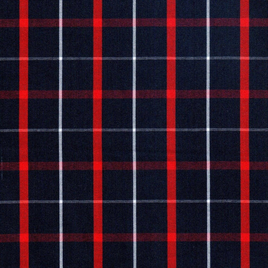 Tela escocesa de poliéster azul marino con cuadros rojos y blancos; ideal para uniformes escolares e institucionales SchoolLine.