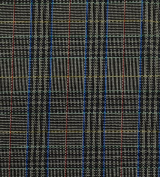 Tela escocesa de poliéster SchoolLine, cuadros gris/negro con líneas azul, roja y amarilla; ideal para uniformes escolares e institucionales.